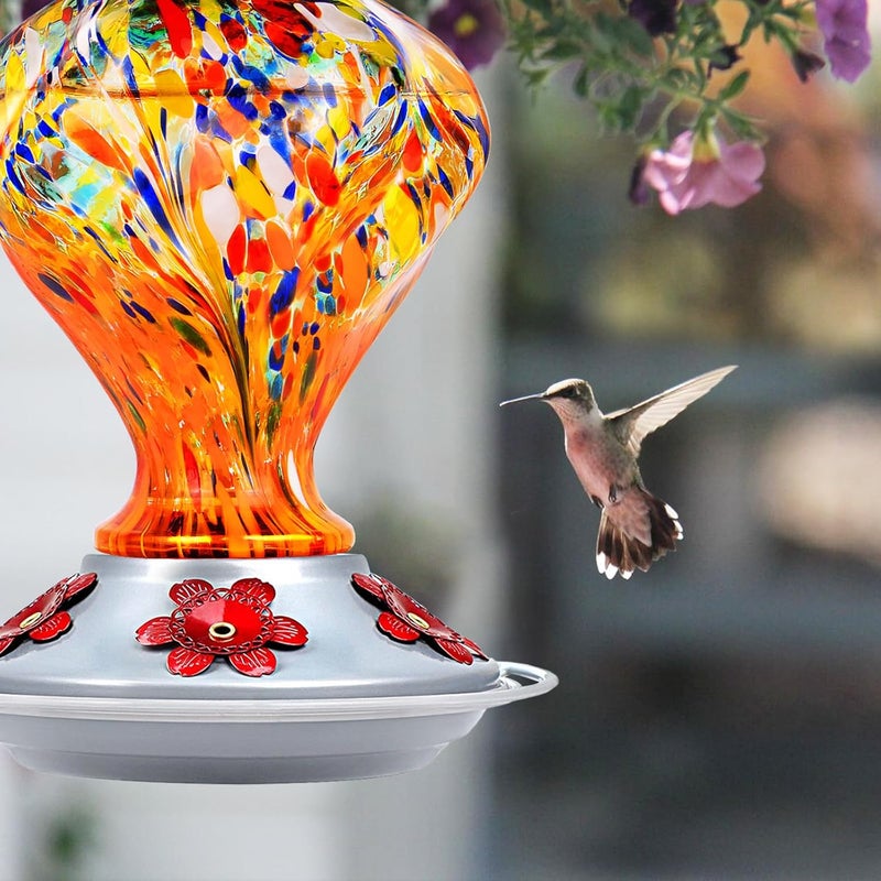 BOLITE Hummingbird Feeders for Outdoors Hanging, Glass Hummingbird Feeder, Hand Blown Twisted with Ant Moat and Five Feeding Ports, 24 Ounces, Leak Proof, Orange, Gifts for Women Men - Image 3